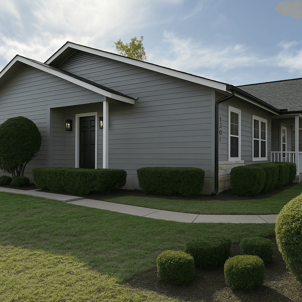 AI concept render of the same house repainted gray with a new front door
