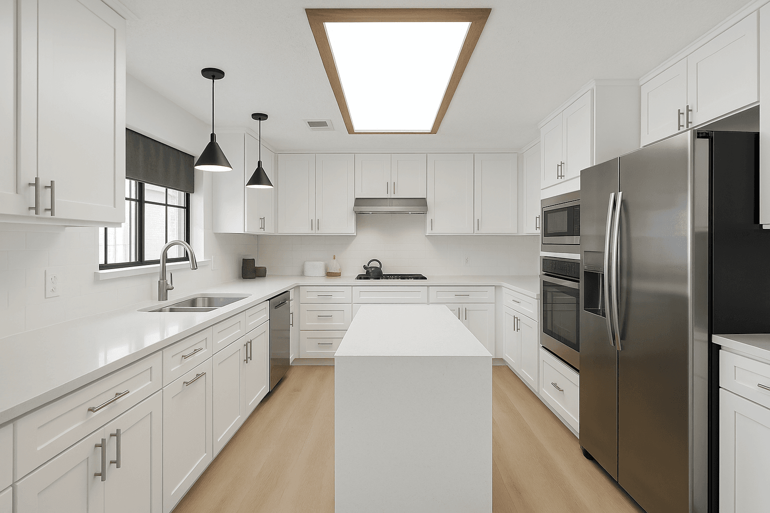 AI concept render of the same kitchen with white cabinets and a quartz island